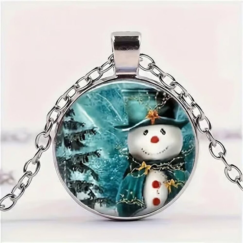 Silver Christmas SNOWMAN Glass Cabochon Pendant Necklace